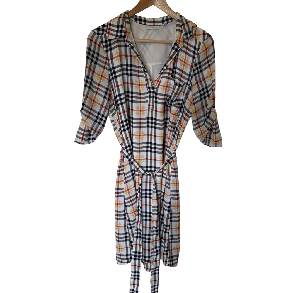 New York & Company Shirt Dress Women XS White Plaid Excellent Roll Tab Belted
